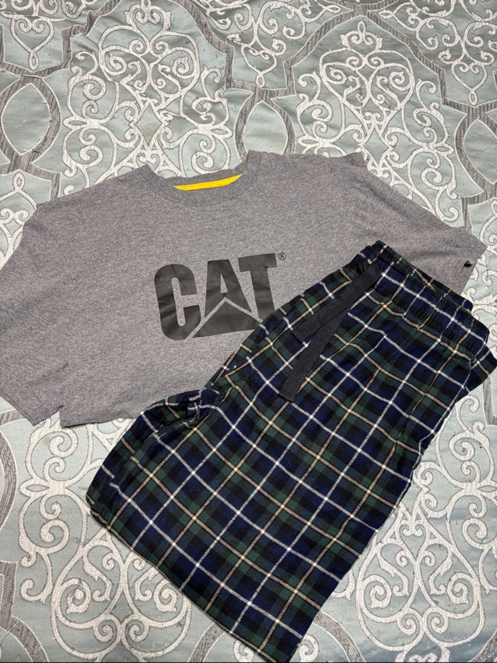 Fruit of the Loom Gray Logo Tee with Blue-Green Plaid Pajama Pants